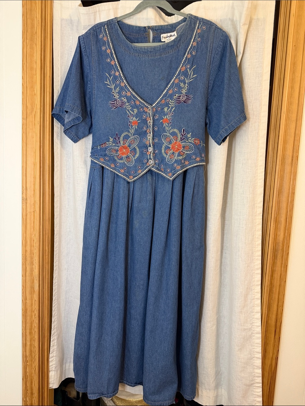 Vintage 90’s Blue Denim Maxi Dress with Embroidered Bodice